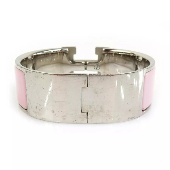 Auth HERMES Clic Clac H Bangle Bracelet Silver/Light Pink Metal/Enamel - Picture 2 of 8
